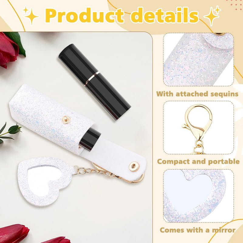 Sisadodo Glitter Lip Oil Holder Key Chains for Woman Lipstick Case with Mirror Lip Balm Keychain for Lipstick Case Keychain - color: White-heart