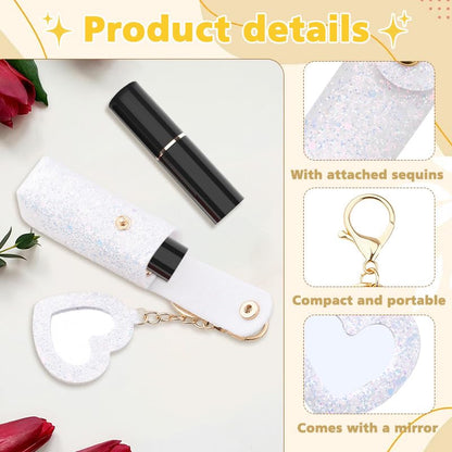 Sisadodo Glitter Lip Oil Holder Key Chains for Woman Lipstick Case with Mirror Lip Balm Keychain for Lipstick Case Keychain - color: White-heart
