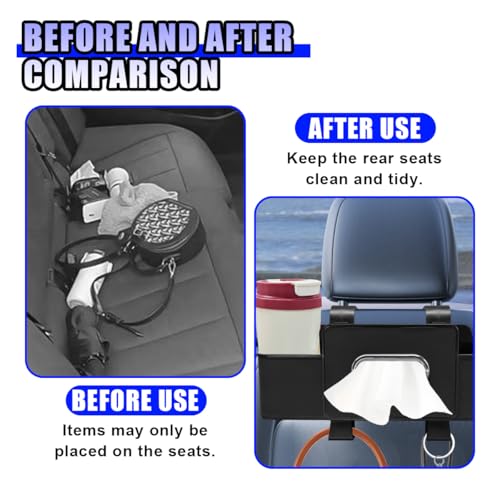 YoRise Multifunctional Car Back Seat Organizer, Leather Automotive Headrest Phone & Tissue & Cup Holder with Hooks, Family Travel Vehicle Backseat Storage Box for Drink, Snack, Handbag (Black) - color: Black
