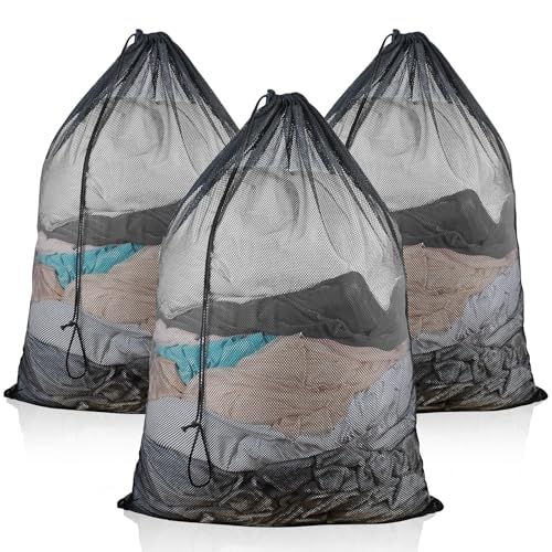 3 Pack Large Mesh Laundry Bag, 24 x 36 Inch Mesh Wash Bag with Drawstring Closure, Delicates Bag for Washing Machine - Perfect for College Dorms, Travel, Laundromats, Apartments (Black)