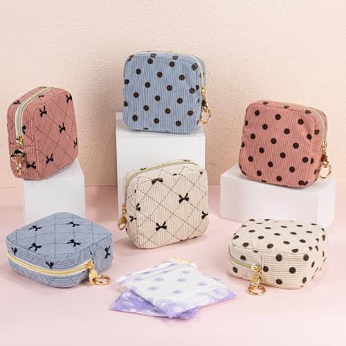 Period Bag for Teen Girls, Corduroy Cute Sanitary Napkin Storage Bag, Menstrual Pad PouchesTampon Holder for Purse (Pink-Polka Dot) - color: Dots-pink