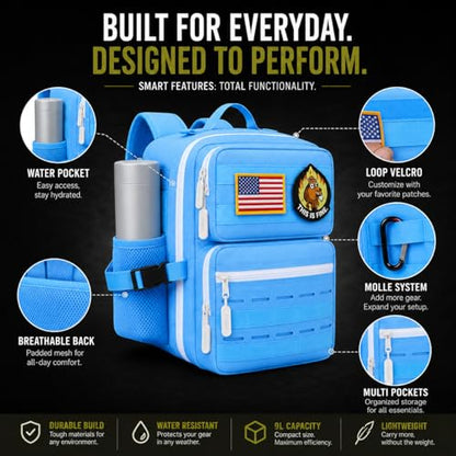 9L Mini Tactical Backpack Small Military Gym Bag Tiny Tackle Backpack for Men Women Molle Travel Daypack Camping Backpack with Patch(Turquoise) - color: Turquoise
