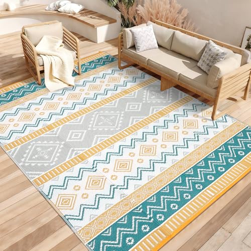 GarveeHome Outdoor Rug Waterproof 8x10 Reversible Outside Rug, Lightweight & Foldable Geometric Patio Carpet, Plastic Straw Indoor Outdoor Mats for Picnic Deck Balcony, Yellow/Green/Gray/White - color: Yellow/Green/Grey/White, size: 8' x 10' (Rectangular)