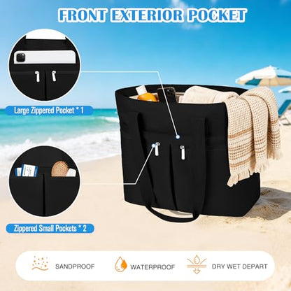 HUANLANG Large Beach Bags for Women Pool Bag with Zipper, Waterproof Sandproof Beach Tote Travel Bag with Wet Pocket - color: Black