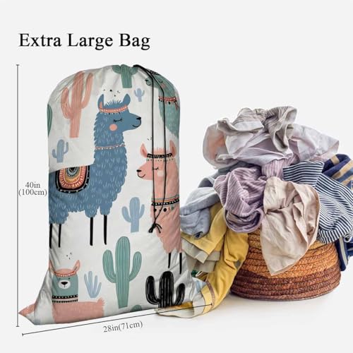 Swono Cactus XL Laundry Bags, Drawstring Closure Dirty Clothes Bag Organizer, Heavy Duty Large Laundry Bag, Cartoon Cute Llama Tribal Alpaca Rip-Stop Bags for Camp Travel, 28" x 40", White - color: Cactus