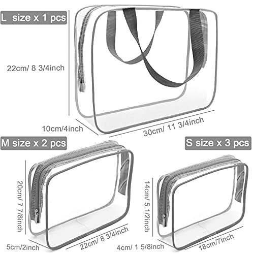 APREUTY Clear Makeup Bags, TSA Approved 6Pcs Cosmetic Makeup Bags Set Clear PVC with Zipper Handle Portable Travel Luggage Pouch Airport Airline Bags Bathroom (Gray) - color: Gray-6PCS (Large+Medium+Small)
