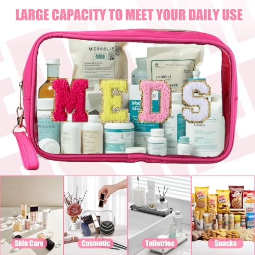 BuyCard 2 Pcs Medicine Bag Chenille Letter Preppy Clear Makeup Meds Bag for Travel - Nylon & PVC Transparent Cosmetic Toiletry Storage Pouch for Women Girls - Rose Red - color: MEDS-Rose Red, style: 2 Pcs-clear