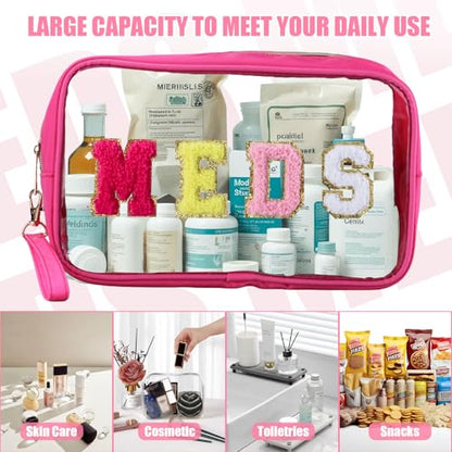 BuyCard 2 Pcs Medicine Bag Chenille Letter Preppy Clear Makeup Meds Bag for Travel - Nylon & PVC Transparent Cosmetic Toiletry Storage Pouch for Women Girls - Rose Red - color: MEDS-Rose Red, style: 2 Pcs-clear
