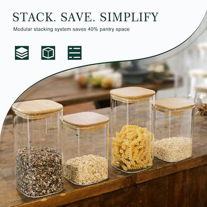 LIBWYS 12-Pack Glass Pantry Storage Containers with Bamboo Lids (0.76Qt/1.22Qt/1.67Qt) - Stackable Square Food Jars for Pantry Organization, Coffee, Flour, Snacks, Tea | Kitchen Canisters Set