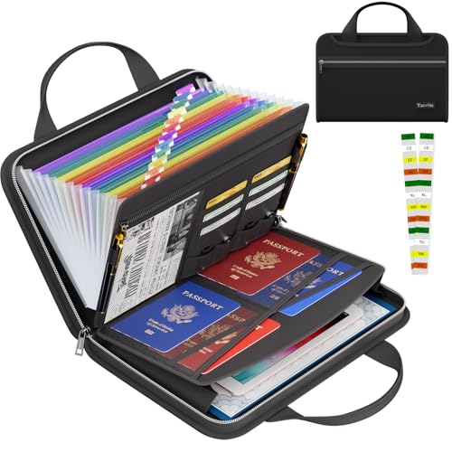 Tamfile Fireproof Accordion File Organizer with Handle, 13 Pocket Colorful Expanding File Folder with Zipper & Labels, File Folder with Multi-Pockets Paper Organizer Folder for Letter A4 Files (Black) - color: Black, style: Colour Pocket
