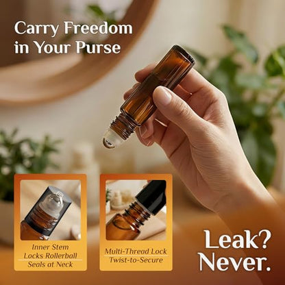 PrettyCare Set of 120, Bulk 10 ml Essential Oil Roller Bottles with Stainless Steel Roller Ball - Refillable Leak-proof Empty Thick Amber Glass Roll on Bottles with Black Caps for Travel, Perfume - color: Amber with Black Cap, size: 120 Pack