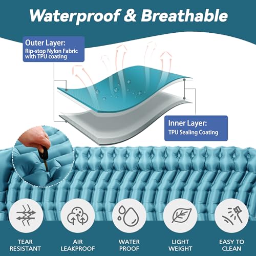 Double Sleeping Pad for Camping - Ultralight Camping Mattress with Pillow, Built-in Foot Pump, Compact Inflatable 2-Person Portable Mat for Backpacking, Hiking, Car Traveling, Beach, Tent - color: Light Blue