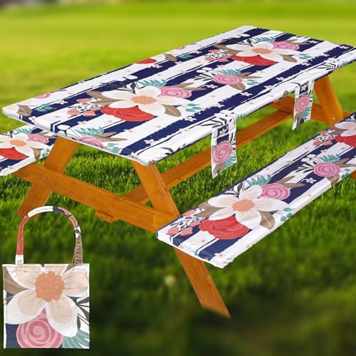 Fitted Picnic Table Cover with Bench Covers Set, Waterproof Lightweight Rectangle 96in Folding Table Cloths Canopy Shade Slipcover Cool Unique Fun Camping Gift for Camper Women Men Family Rv Owners - color: Blue White Stripes Flowers, size: 96in