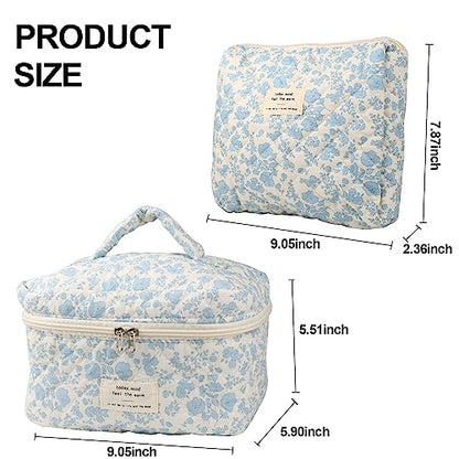 NATINSA Cute Makeup Bag for Women(2 Pcs), Travel Cosmetic Bags, Quilted Coquette Aesthetic Floral Toiletry Organizer Bag (NavyBlue Flower) - color: NavyBlue Flower