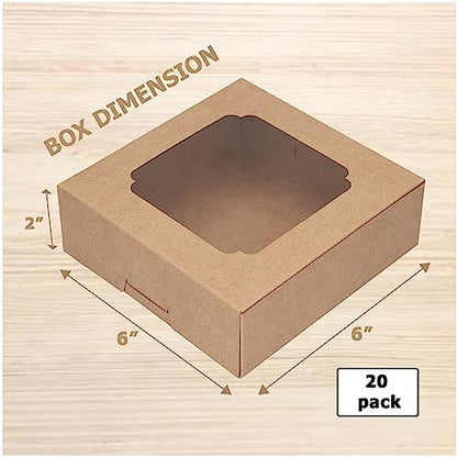 20 Pack Bakery Boxes with Window Small 6x6x2 inch for Cookie, Candy, Pastry, Brownie, Chiffon Cake, Tart, Pie, Waffle (Kraft Brown) - color: Kraft Brown