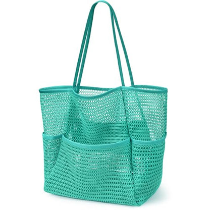 KPX Beach Bag with Mini Pocket, Summer Beach Tote Bags for Women Large Foldable Mesh Swimming Pool Travel Bags - Sandproof - color: Teal