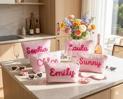 Personalized Makeup Bag with Name, Seersucker Cosmetic Pouch Women Girl, Bridesmaid Travel Bag, Organizer Storage Pouch, Gifts to Mom Wife Girlfriend, 9.84x6.69''