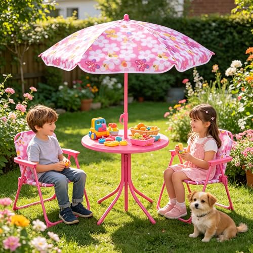 HONEY JOY Kids Picnic Table, Animal Themed Toddler Outdoor Table and Chair Set, 2 Folding Chairs & Removable Umbrella, Children Outdoor Furniture for Backyard Patio Garden (Pink Bee) - color: Pink Bee