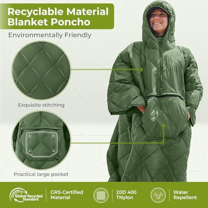 ATEPA Wearable Sleeping Bag Blanket Poncho, Recycled Water-Resistant Camping Poncho, Stadium Blanket for Outdoor Sports - color: Green