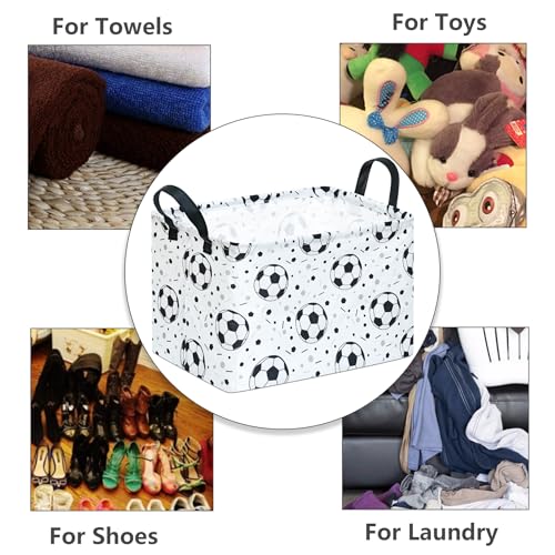 Kids Storage Basket with Soccer Print, 14.5" x 10.2" x 9.1", Waterproof with Leather Handles, Collapsible Rectangular Bin for Boys Sports Gear, Toys & Laundry - color: Black dot soccer