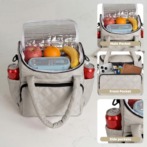 Women's Insulated Lunch Tote Bag - Inch Quilted Lunch Box for Women, Large Waterproof Cooler Bag with Pockets for Work, Picnic, Adult (camel) - color: Camel