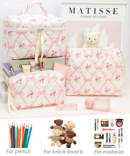 PAZIMIIK 3PCS Makeup Bag SET Large Travel Quilted Zipper Soft Cosmetic Case Pouch for Women Girls Make Up,Bow Rose - color: Bow Rose, size: 3 PCS SET