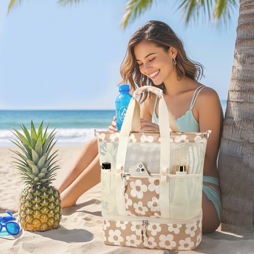 Bluboon Mesh Beach Tote Bag with Cooler Compartment Insulated Detachable Picnic Bag with Zipper and Pocket Pool Bag for Women - color: A-big Flower 157