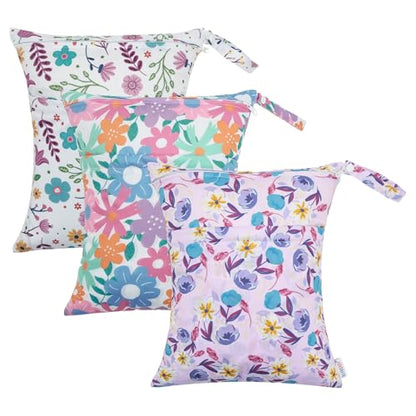 ALVA ALVABABY 3pcs Cloth Diaper Wet Dry Bags Waterproof Reusable with Two Zippered Pockets Travel Beach Pool Daycare Soiled Baby Items Yoga Gym Bag for Swimsuits or Wet Clothes 3L-ZM18A - color: Nice little flower