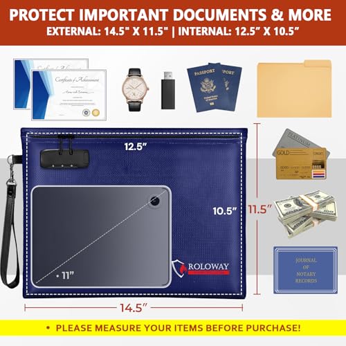 ROLOWAY Fireproof Document Bag (14.5 x 11.5 inch), 6400℉ Fireproof Money Bag with Zipper for Cash, Fire Safe Money Pouch with Lock (Blue) - color: Blue