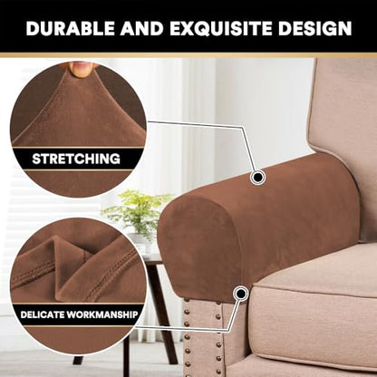 PrinceDeco 2 Pack Thick Velvet Stretch Armrest Covers for Chairs and Sofas Armchair Covers for Arms Couch Arm Covers Armrest Covers for Sofa Non Slip, Caramel - color: Caramel