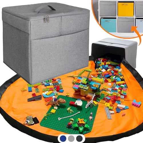 XL Toy Storage Organizer with Play Mat - Storage Bag/Box for Kids, Boys, Girls, Nursery, Playroom - Basket for Building Bricks/Blocks - Collapsible Fabric Cube Bin, 13"x13"x15" - color: Light Gray