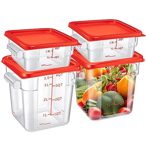 Barydat 4 Pcs Square Food Storage Containers with Lids Measurement Scales, 2qt & 4qt Clear Plastic Stackable Containers for Dough Proofing Baking Kitchen Restaurant and Pantry Organization(Red) - color: Red