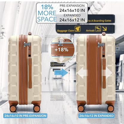 Flight Knight 24x16x10 Expandable Carry On Suitcase Hardside TSA Lock USB C Lightweight Luggage Silent Double Spinner Wheels Maximum Overhead Carry-On Bag For Virgin South West Approved Cream/Tan - color: Cream/Tan, size: 24x16x10"