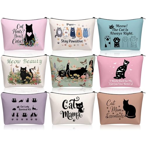 Sanwuta 9 Pcs Black Cat Makeup Bags Bulk Cute Cat Cosmetic Bags 8.7" x 6" Small Canvas Travel Pouches with Zipper Portable Toiletry Organizer Black Cats Lover Gifts for Women Mothers Teacher Nurse - style: Cat