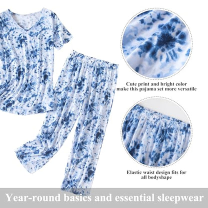 PNAEONG Women Pajama Set Sleepwear Tops with Capri Pants Casual and Fun Prints Pajama Sets - color: Blue Fireworks, size: Small
