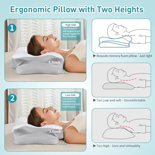 Cervical Neck Pillow for Pain Relief - Ergonomic Side Sleeper Pillow for Neck Support, Contour Pillow for Bed Sleeping, Cooling Memory Foam Pillows Orthopedic Pillow for Back Stomach Sleepers(White)