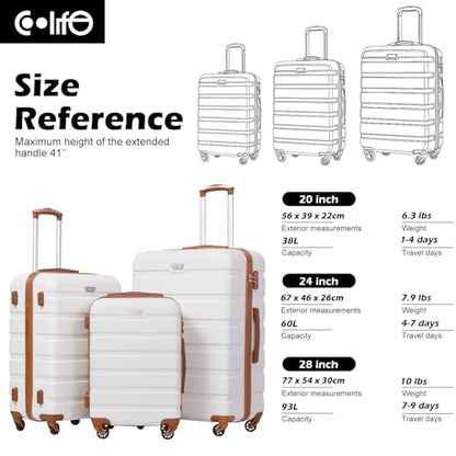 Coolife Luggage 3 Piece Set, Lightweight Durable Hardshell Suitcase set with 360° Spinner Wheels, TSA-approved Lock, Checked Family Travel Luggage sets, 20/24/28 Inch, Apricot White - color: Apricot White, size: 20in24in28in