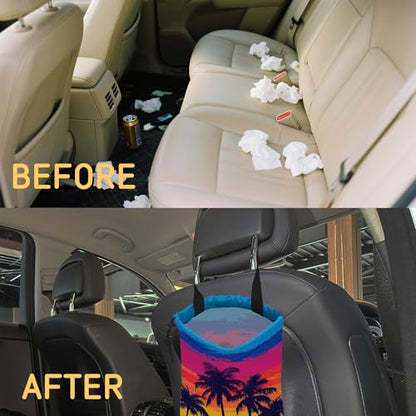 Tropical Palm Trees Car Trash Bag,Beach Sunset Strap Drawstring Car Garbage Bags,Car Back Seat Organizer with Adjustable Buckle for Car Accessories - color: Tropical Palm Trees
