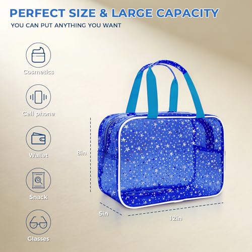 Clear Deep Blue Star Large Makeup Bag with Star Pattern (12x5x8 inches), Travel Cosmetic Bag with Handle, Durable PVC Material, Zipper Opening Design—Ideal for Makeup Travel Organization or Gym Use - color: Deep Blue, style: Star