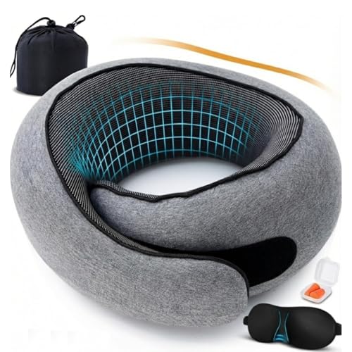 Travel Neck Pillow for Airplane – Ergonomic 360° Memory Foam Support | Lightweight & Portable Roll-Up Design| Includes Eyemask & Earplugs|Ultimate Comfort for Flights, Car & Office (Small Gray)