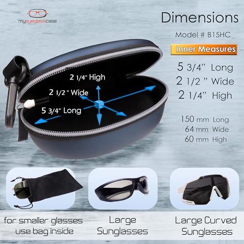MyEyeglassCase Sports Sunglasses Case and Slim wallet Semi hard large glasses case w/belt clip soft pouch & cloth - color: B15hc Blue/Blue