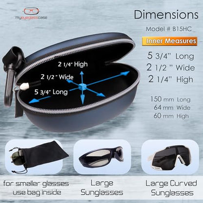 MyEyeglassCase Sports Sunglasses Case and Slim wallet Semi hard large glasses case w/belt clip soft pouch & cloth - color: B15hc Blue/Blue