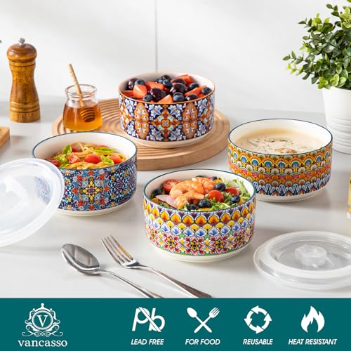 vancasso 36 oz Ceramic Bowls with Lids Set of 4, 6 Inch Food Storage Containers & Prep Bowls for Leftovers, Soup, Cereal, Meal Prep, Office Lunch, Microwave & Dishwasher Safe, Series SIMI - size: 36 OZ (Set of 4)