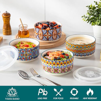 vancasso 36 oz Ceramic Bowls with Lids Set of 4, 6 Inch Food Storage Containers & Prep Bowls for Leftovers, Soup, Cereal, Meal Prep, Office Lunch, Microwave & Dishwasher Safe, Series SIMI - size: 36 OZ (Set of 4)