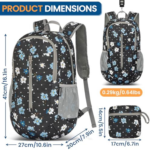 ZOMAKE Ultra Lightweight Packable Backpack 25L - Foldable Hiking Backpacks Water Resistant Small Folding Daypack for Travel(Black,Floral pattern) - color: Black,floral Pattern