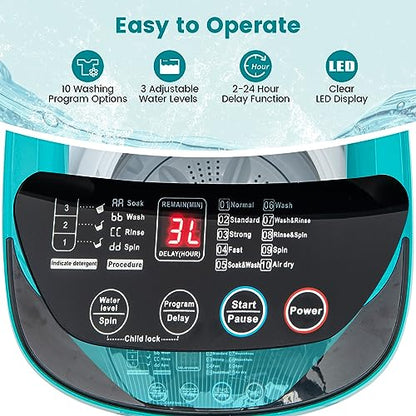 COSTWAY 7.7 Lbs Portable Washing Machine, 0.78 Cu.ft Full Automatic Laundry Machine with 10 Preset Programs, 3 Water Levels, Compact Washer and Spinner Combo for RVs Dorms Apartments, Blue