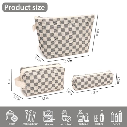 3 Pcs Canvas Makeup Bag Set Checkered Cosmetic Pouch for Women Travel Toiletry Bag Cute Makeup Organizer Purse Pouch Preppy Pencil Case with Zipper (Checkered Black) - color: Checkered Black