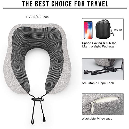 MLVOC Neck Pillow for Traveling, Upgraded 100% Pure Memory Foam Travel Neck Pillow for Airplane Flight Sleep, Breathable & Machine Washable Cover, Travel Kit with 3D Eye Mask, Earplugs & Bag, Grey - color: Grey