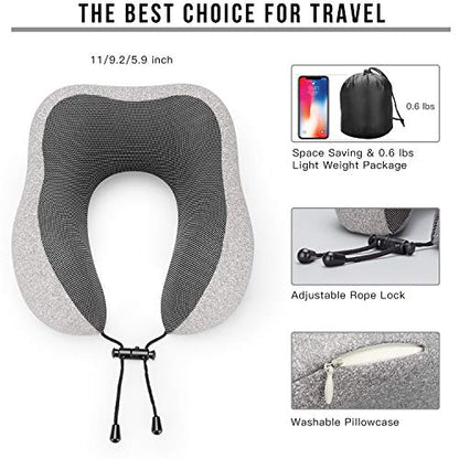 MLVOC Neck Pillow for Traveling, Upgraded 100% Pure Memory Foam Travel Neck Pillow for Airplane Flight Sleep, Breathable & Machine Washable Cover, Travel Kit with 3D Eye Mask, Earplugs & Bag, Grey - color: Grey