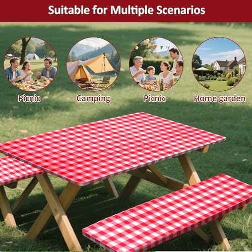 7ft Picnic Table and Bench Cover, Camping Essentials RV Gear, 84 in Waterproof Windproof Outdoor Elastic All Around Tablecloth, Fitted Rectangle Tables and Seats, Red-White Checkered - color: Red-white Checkered, size: 84"
